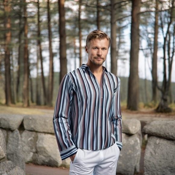 HUGO BOSS Button Down Long Sleeve Multi Colored Stripes Men’s Cotton Dress Shirt - Picture 1 of 9